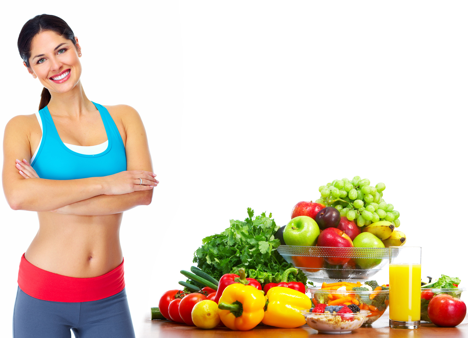 Young healthy woman with fruits and vegetables. Diet.